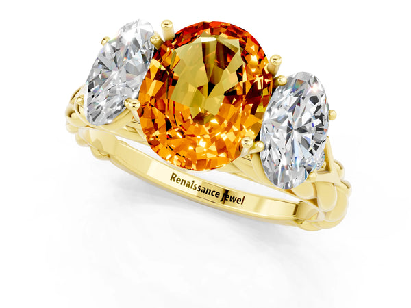 Yellow gold Three-Stone Oval Cut Citrine Braided Band Ring with Four-Prong Setting