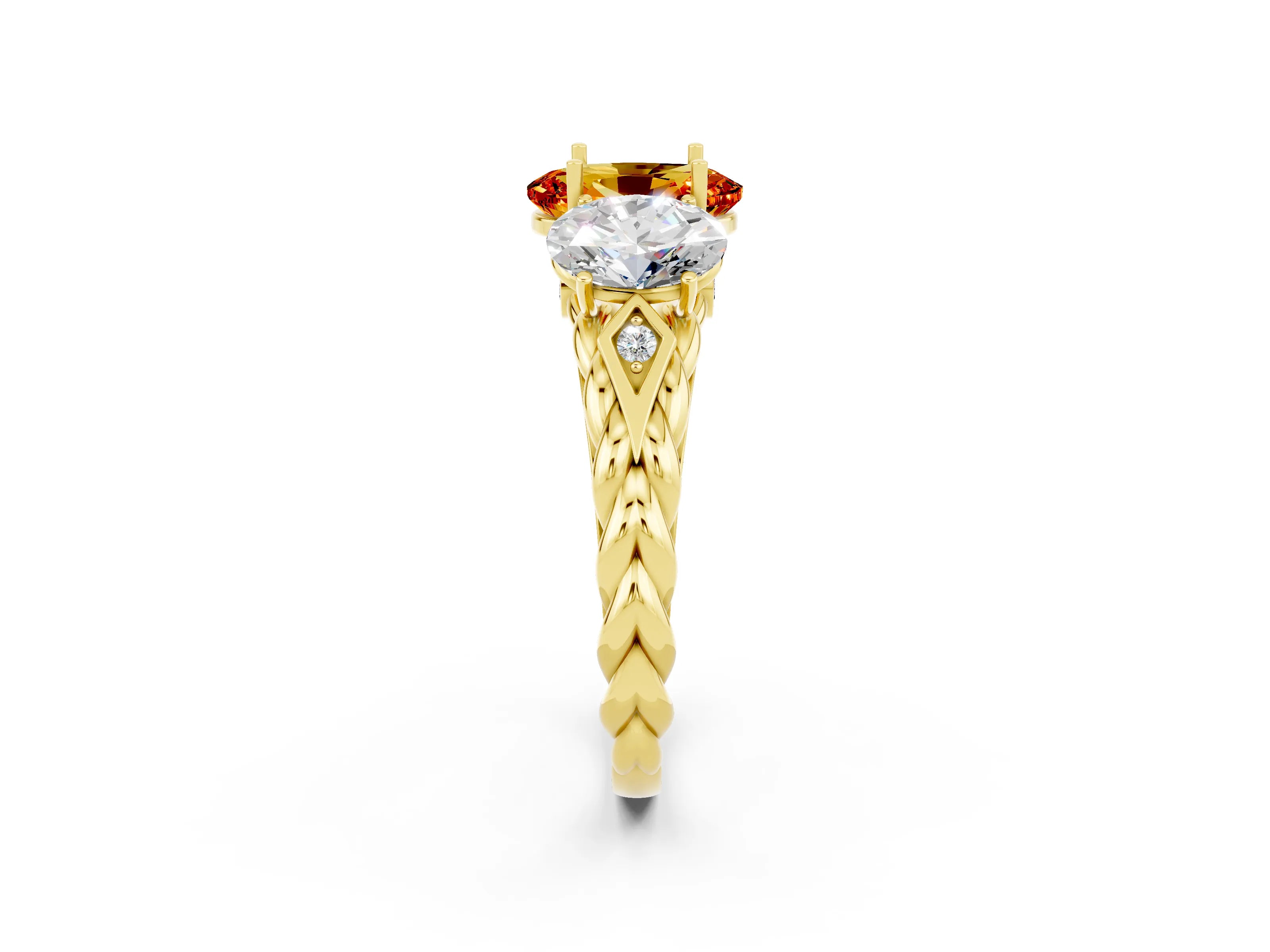 Yellow gold Three-Stone Oval Cut Citrine Braided Band Ring with Four-Prong Setting_14