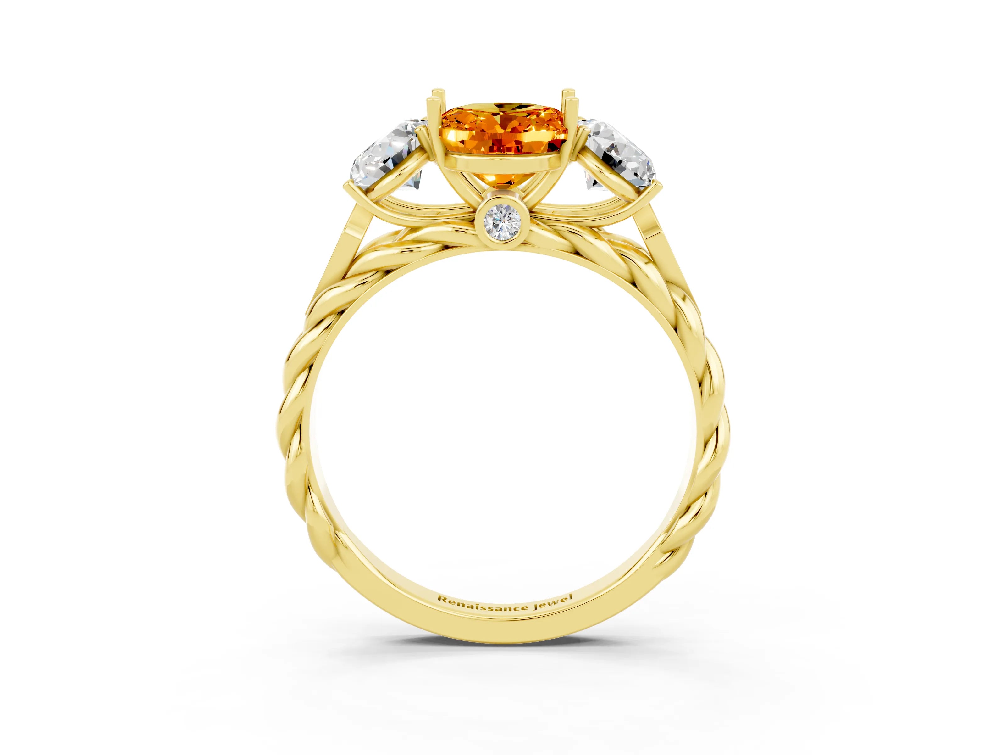 Yellow gold Three-Stone Oval Cut Citrine Braided Band Ring with Four-Prong Setting_15