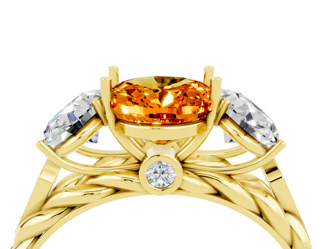 Yellow gold Three-Stone Oval Cut Citrine Braided Band Ring with Four-Prong Setting_16