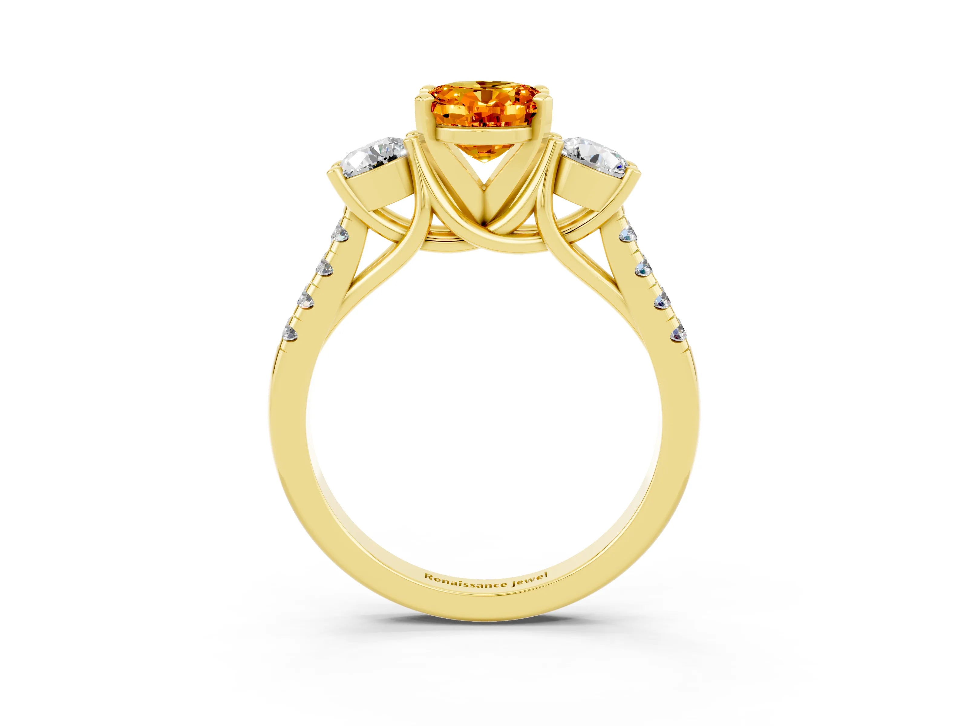 Yellow gold Three-Stone Oval Cut Citrine Pavé Band with Four-Prong Setting_3