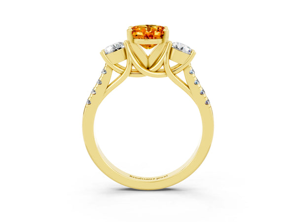 Yellow gold Three-Stone Oval Cut Citrine Pavé Band with Four-Prong Setting