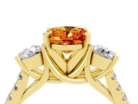 Yellow gold Three-Stone Oval Cut Citrine Pavé Band with Four-Prong Setting_4