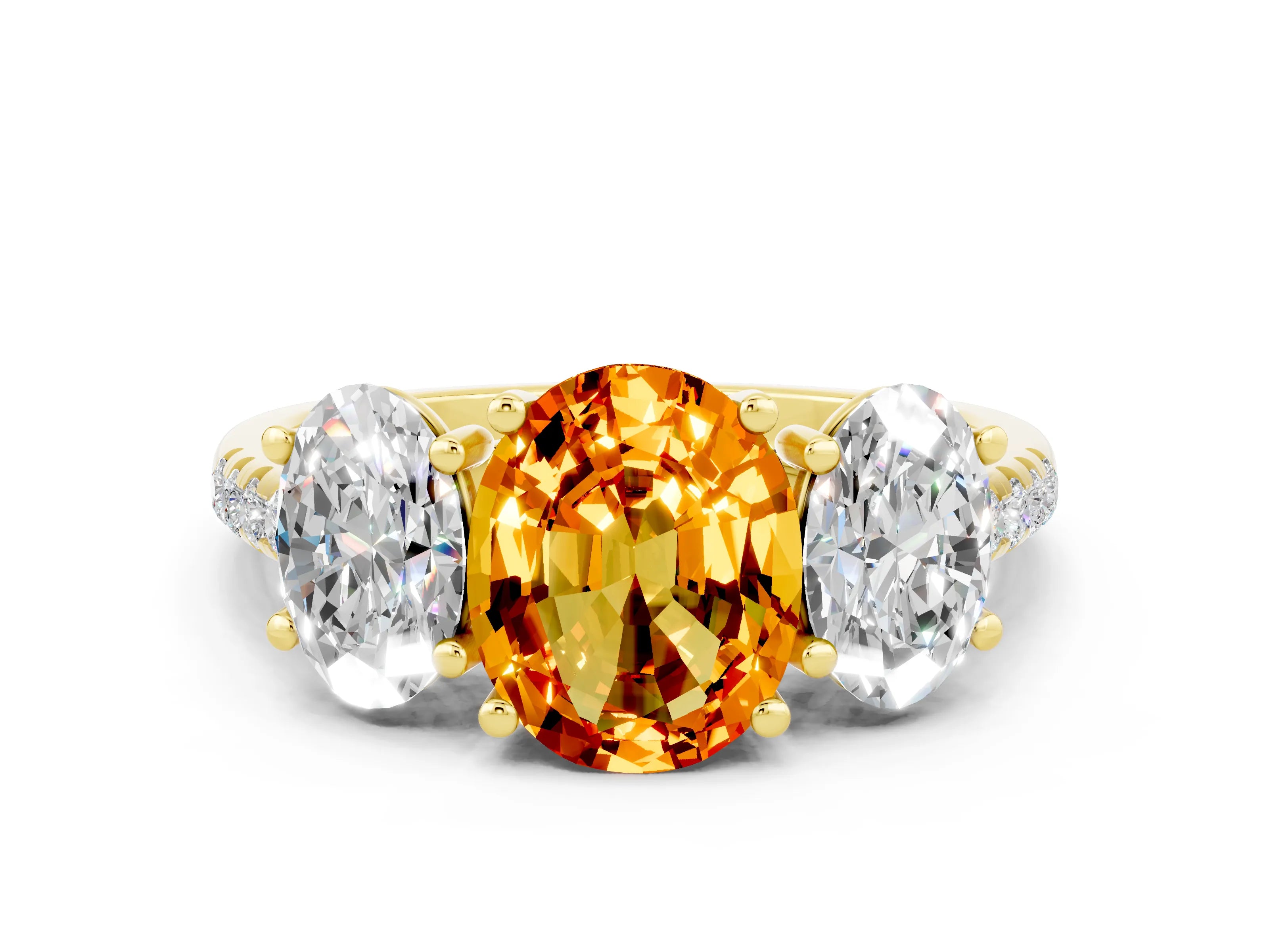 Yellow gold Three-Stone Oval Cut Citrine Ring with Pavé Band and Prong Setting_12