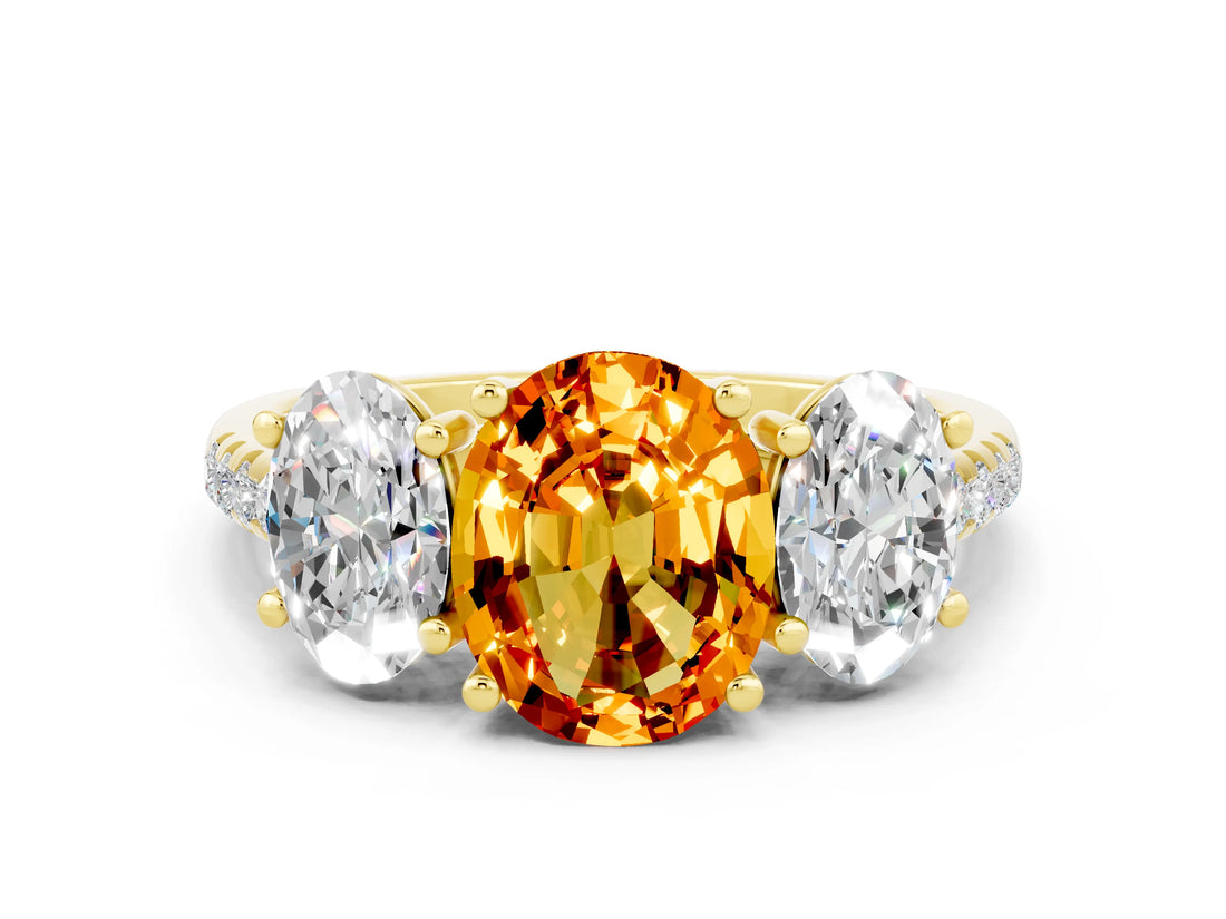 Yellow gold Three-Stone Oval Cut Citrine Ring with Pavé Band and Prong Setting_12