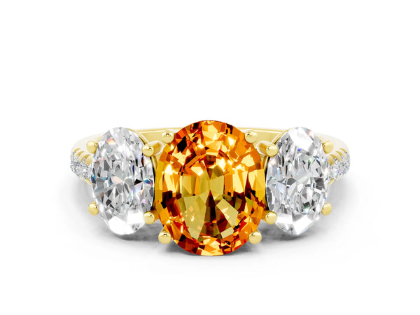 Yellow gold Three-Stone Oval Cut Citrine Ring with Round  Pavé Band and Prong Setting