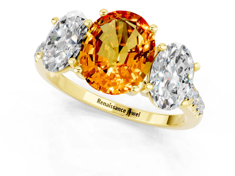Yellow gold Three-Stone Oval Cut Citrine Ring with Pavé Band and Prong Setting_13