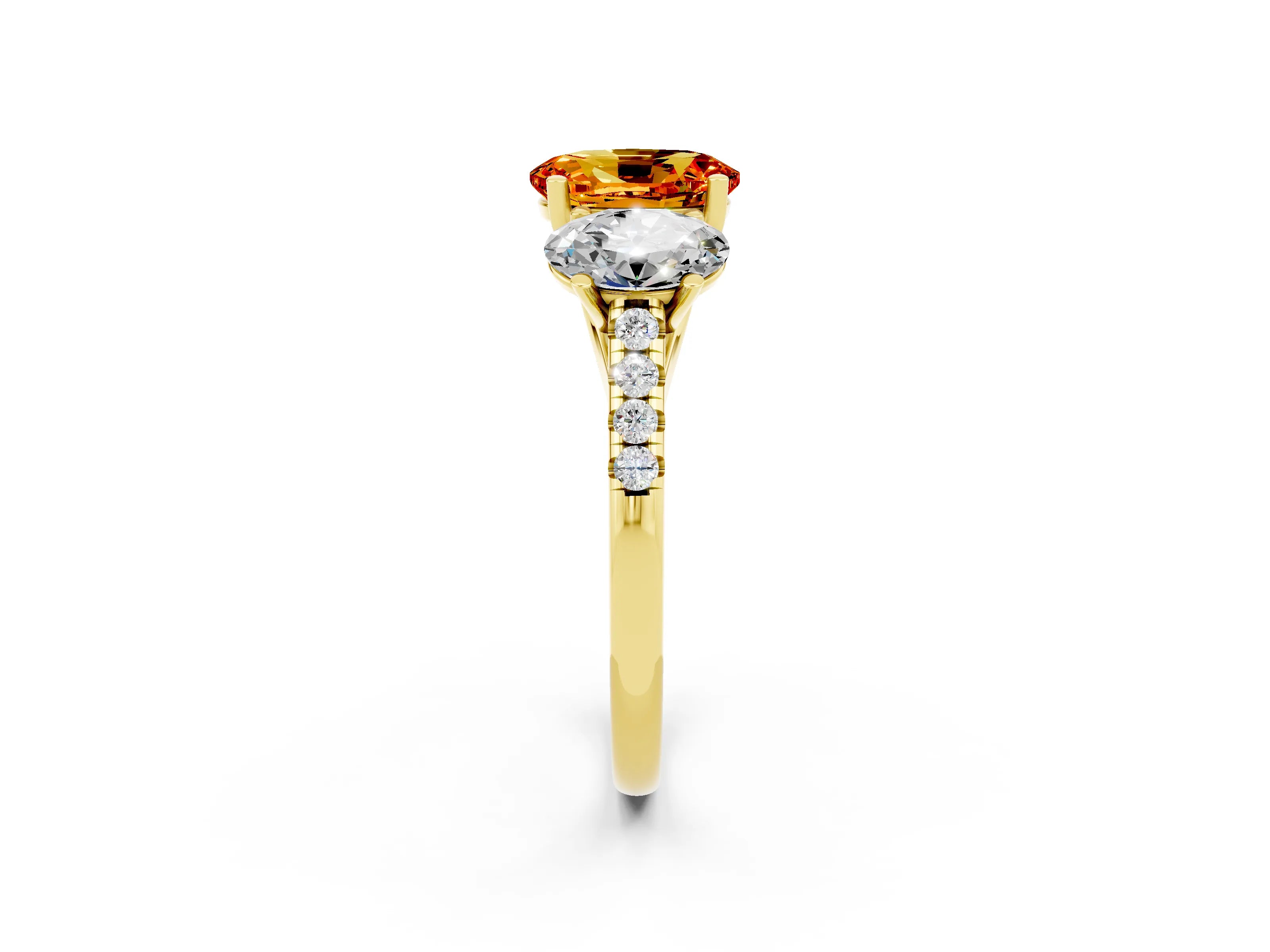 Yellow gold Three-Stone Oval Cut Citrine Ring with Pavé Band and Prong Setting_14