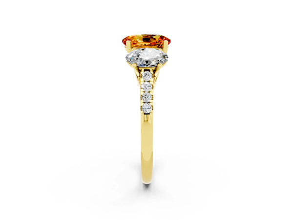 Yellow gold Three-Stone Oval Cut Citrine Ring with Round  Pavé Band and Prong Setting