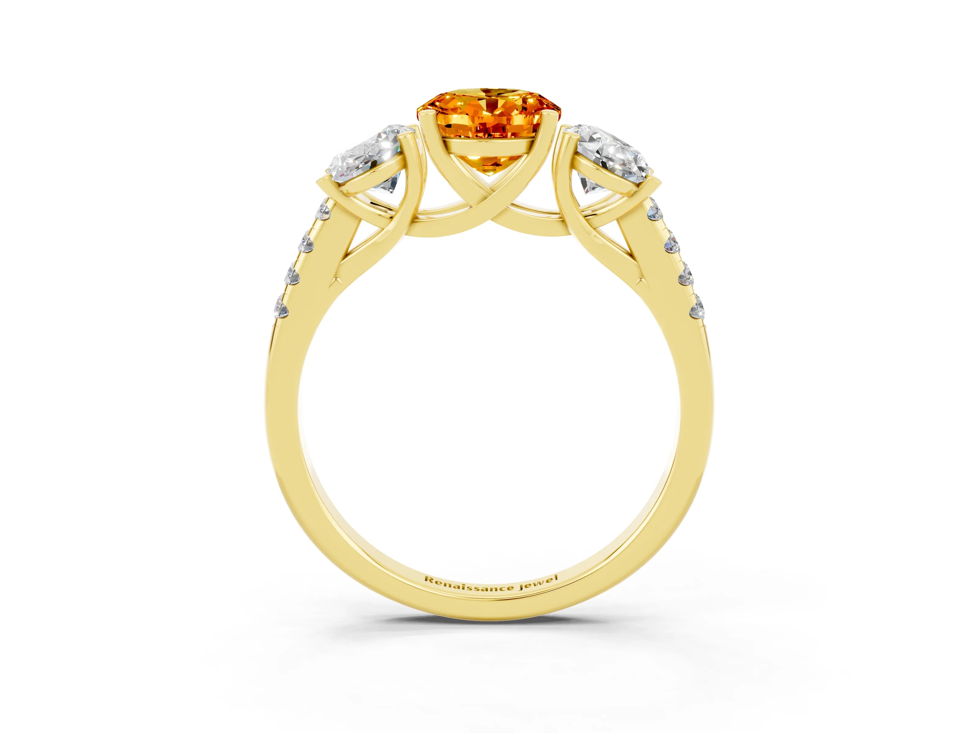 Yellow gold Three-Stone Oval Cut Citrine Ring with Pavé Band and Prong Setting_15