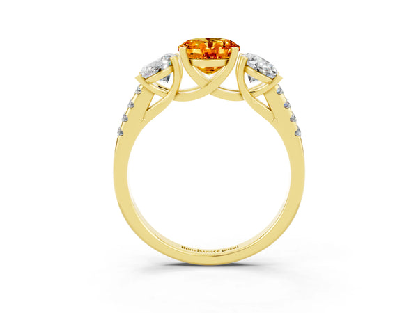 Yellow gold Three-Stone Oval Cut Citrine Ring with Round  Pavé Band and Prong Setting