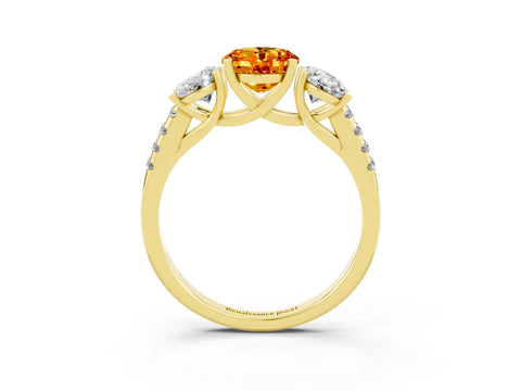 Yellow gold Three-Stone Oval Cut Citrine Ring with Pavé Band and Prong Setting_15