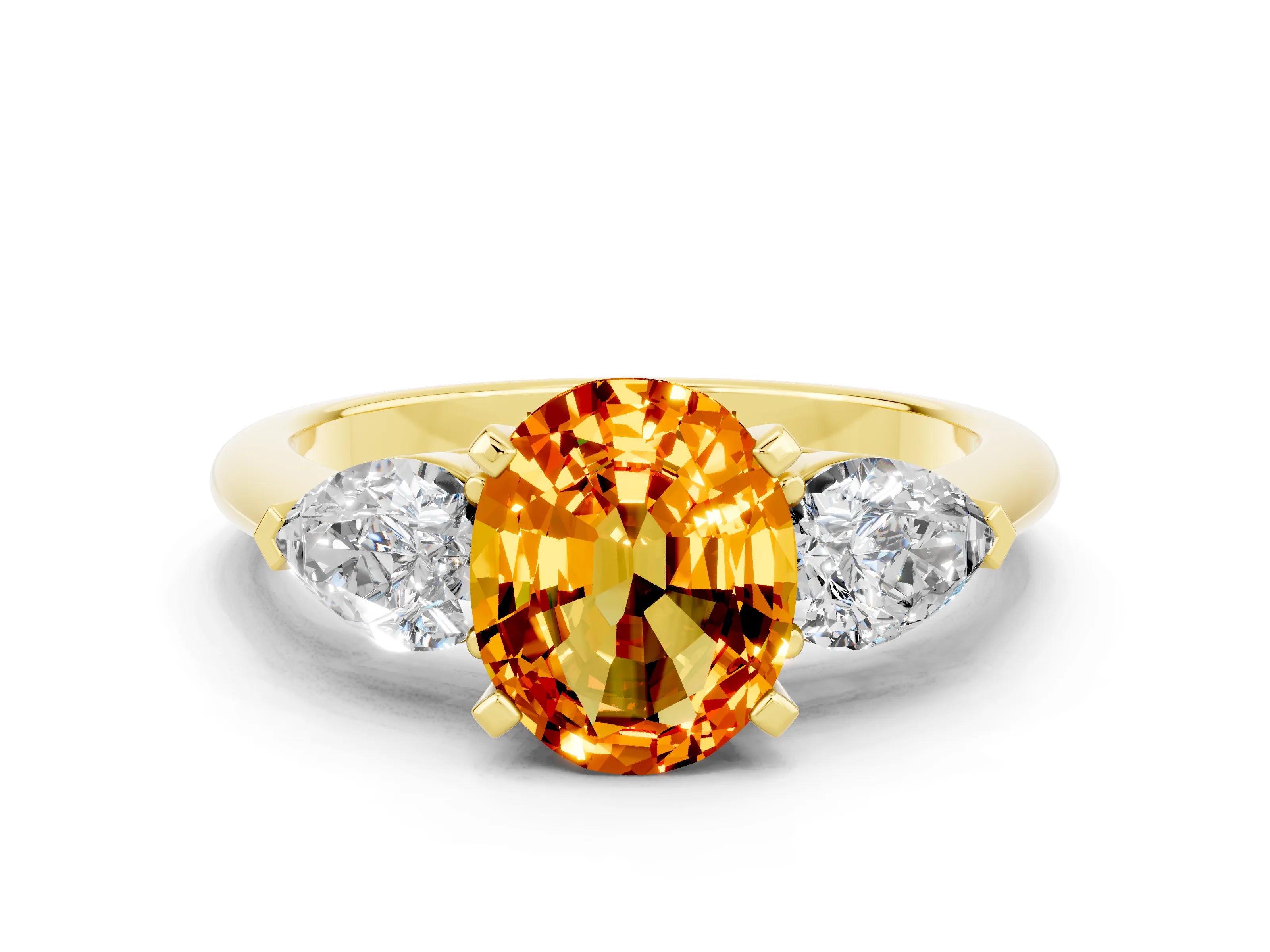Yellow gold Three-Stone Oval Cut Citrine Ring with Pear Side Stones and Four-Prong Setting