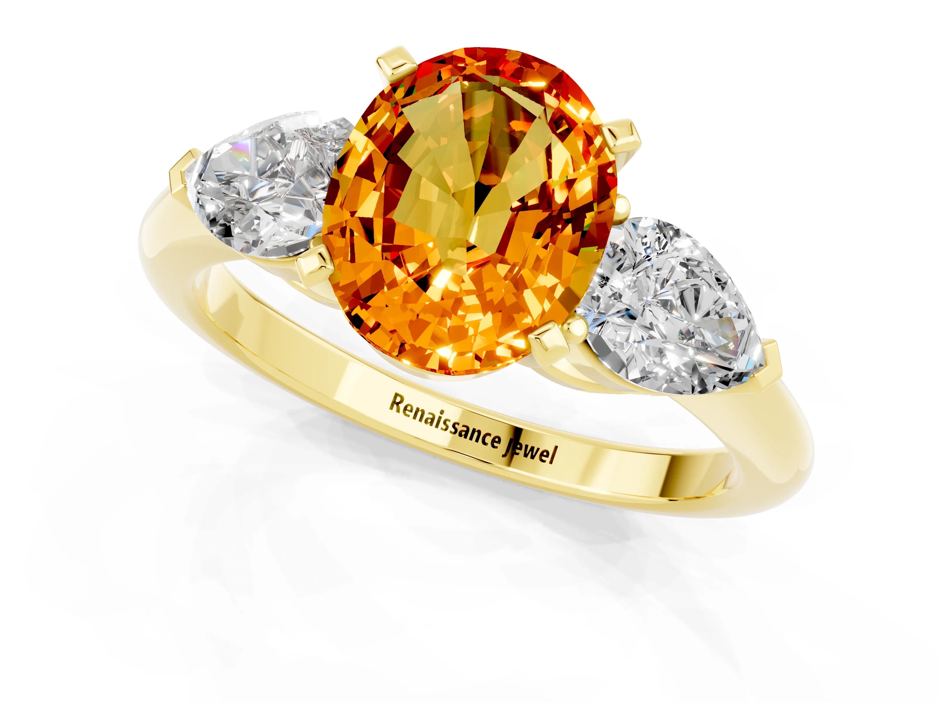 Yellow gold Three-Stone Oval Cut Citrine Ring with Pear Side Stones and Four-Prong Setting_1