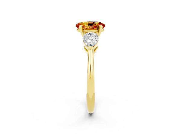 Yellow gold Three-Stone Oval Cut Citrine Ring with Pear Side Stones and Four-Prong Setting