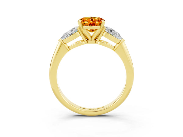 Yellow gold Three-Stone Oval Cut Citrine Ring with Pear Side Stones and Four-Prong Setting