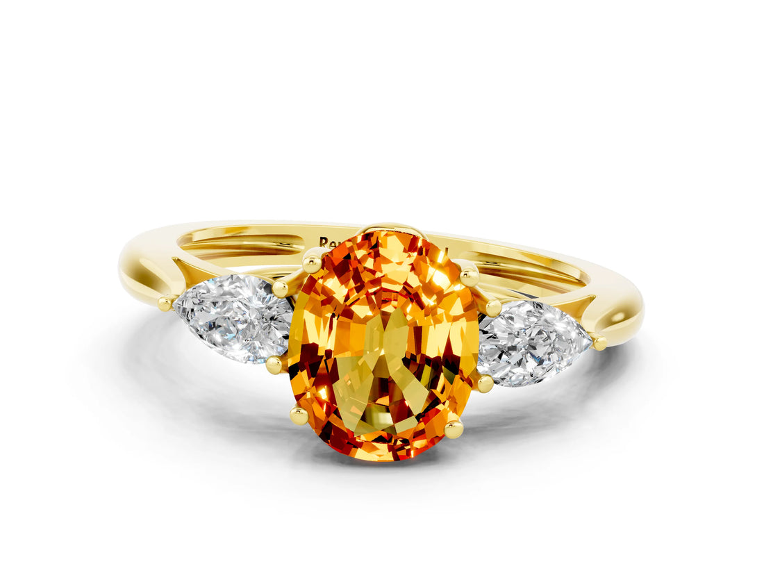 Yellow gold Three-Stone Oval Cut Citrine Ring with Pear  Side Stones in Four-Prong Setting_12