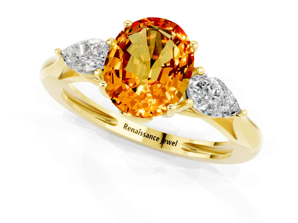 Yellow gold Three-Stone Oval Cut Citrine Ring with Pear  Side Stones in Four-Prong Setting