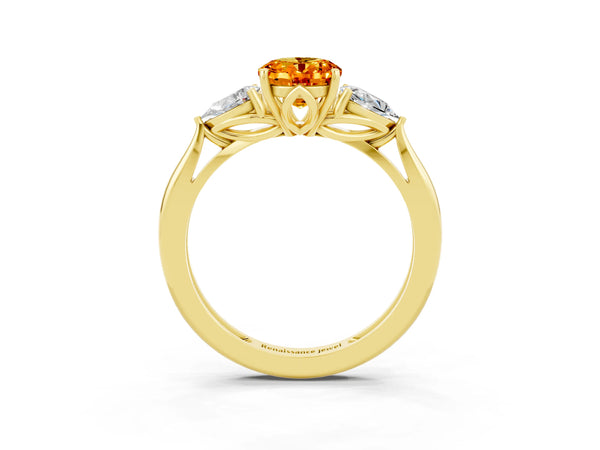Yellow gold Three-Stone Oval Cut Citrine Ring with Pear  Side Stones in Four-Prong Setting