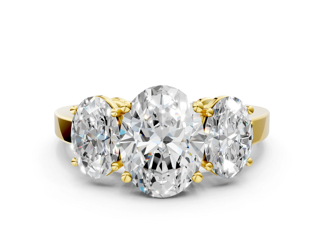 Yellow gold Three-Stone Oval Cut Cut Diamond Engagement Ring with Flat Band and Four-Prong Setting_8
