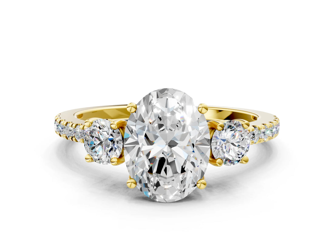Yellow gold Three-Stone Oval Cut Cut Diamond Pavé Band with Prong Setting_15