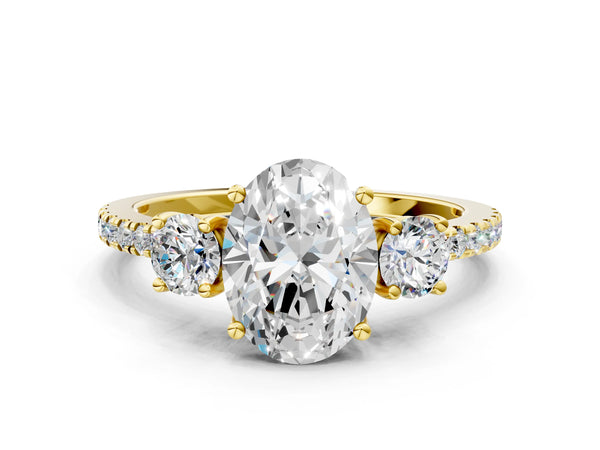 Yellow gold Three-Stone Oval Cut Cut Diamond Pavé Band with Prong Setting