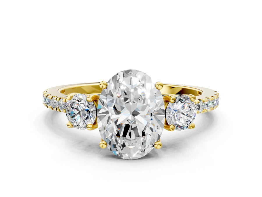 Yellow gold Three-Stone Oval Cut Cut Diamond Pavé Band with Prong Setting