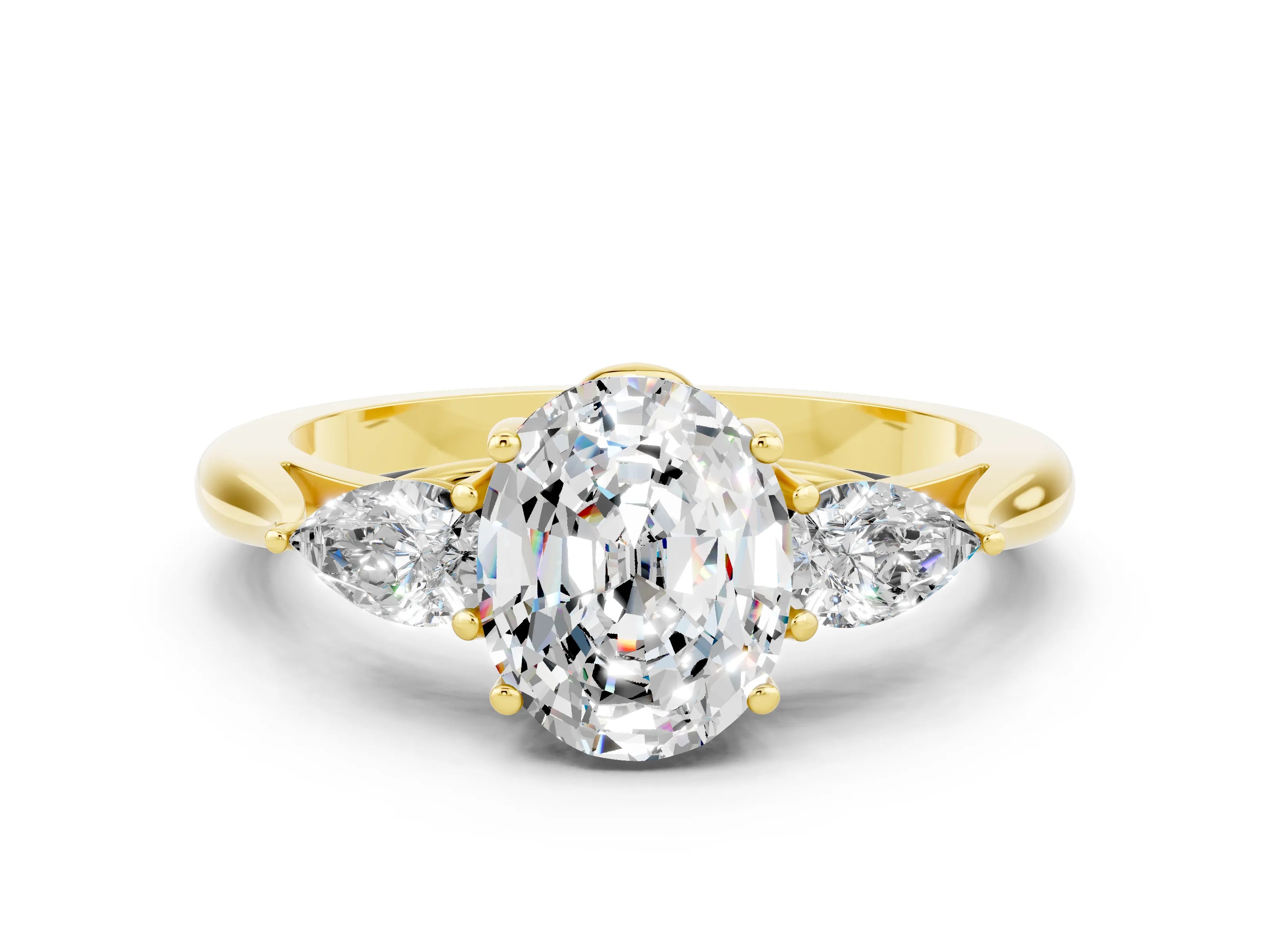 Yellow gold Three-Stone Oval Cut Cut Diamond Ring with Pear Side Stones in Four-Prong Setting