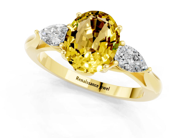 Yellow gold Three-Stone Oval Cut Yellow Sapphire Ring with Pear  Side Stones in Four-Prong Setting