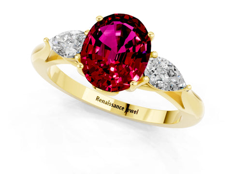 Yellow gold Three-Stone Oval Cut Cut Diamond Ring with Pear Side Stones in Four-Prong Setting_1