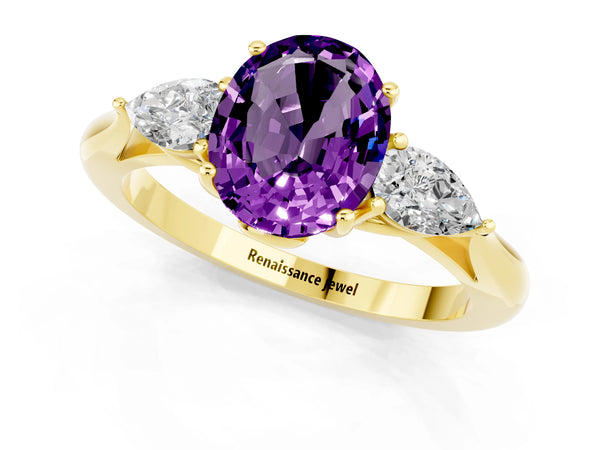 Yellow gold Three-Stone Oval Cut Amethyst Ring with Pear  Side Stones in Four-Prong Setting
