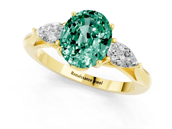 Yellow gold Three-Stone Oval Cut Green Sapphire Ring with Pear  Side Stones in Four-Prong Setting