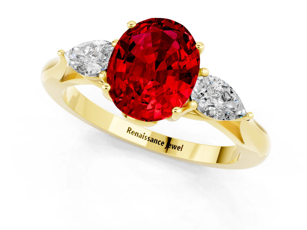 Yellow gold Three-Stone Oval Cut Cut Diamond Ring with Pear Side Stones in Four-Prong Setting