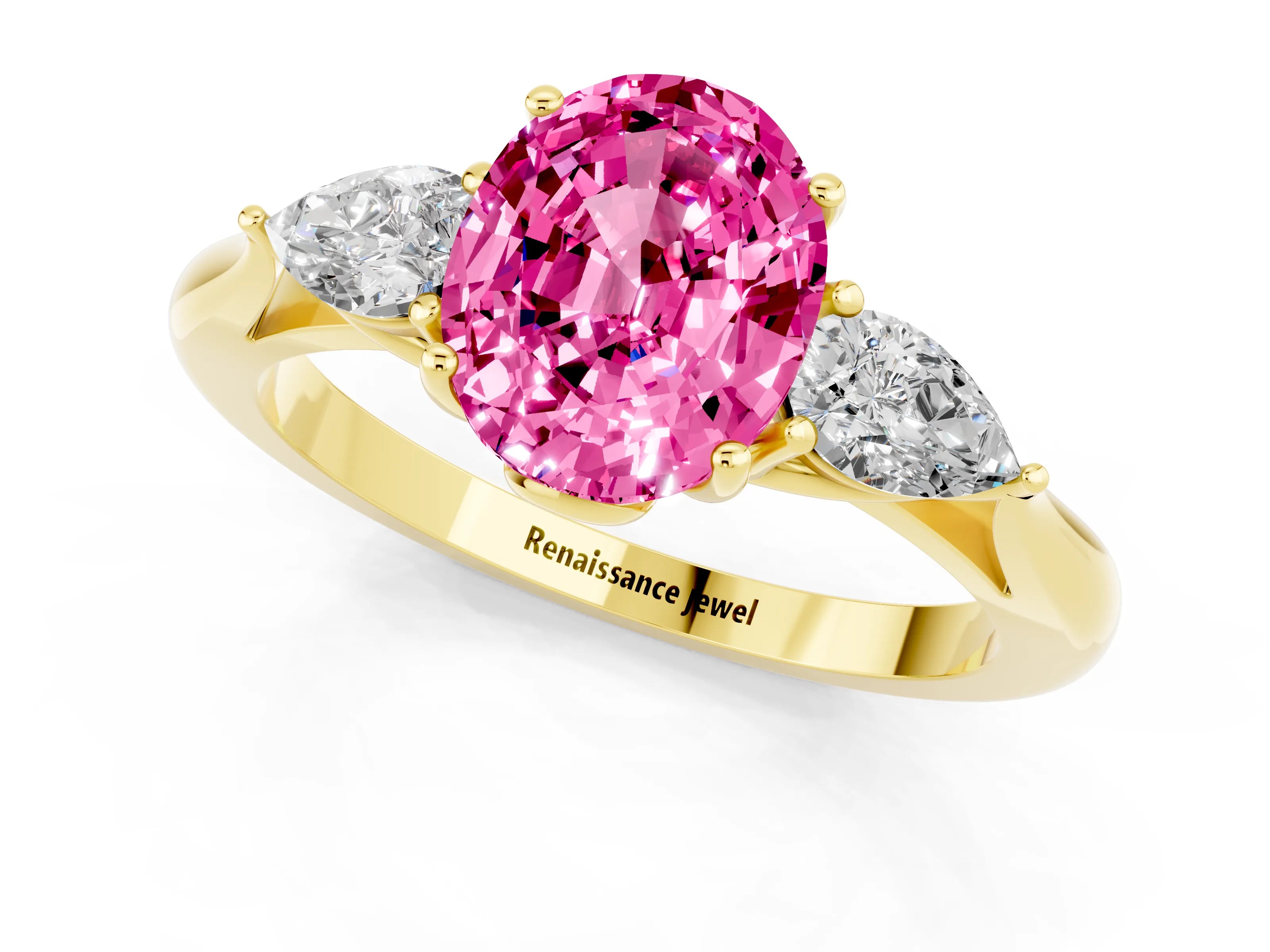 Yellow gold Three-Stone Oval Cut Cut Diamond Ring with Pear Side Stones in Four-Prong Setting_1