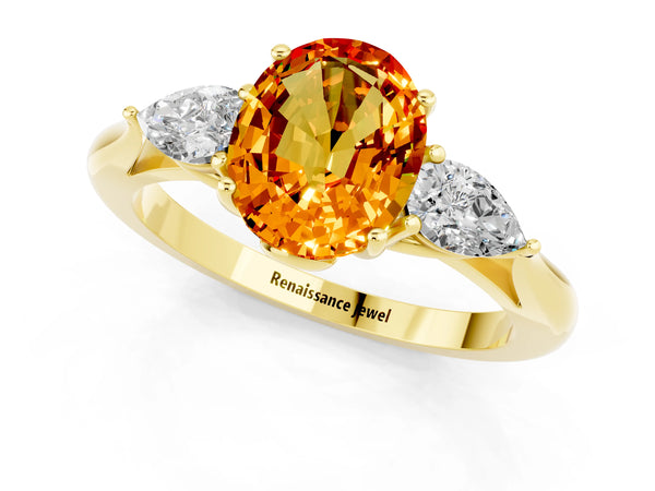 Yellow gold Three-Stone Oval Cut Citrine Ring with Pear  Side Stones in Four-Prong Setting
