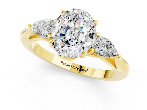 Yellow gold Three-Stone Oval Cut Cut Diamond Ring with Pear Side Stones in Four-Prong Setting_1