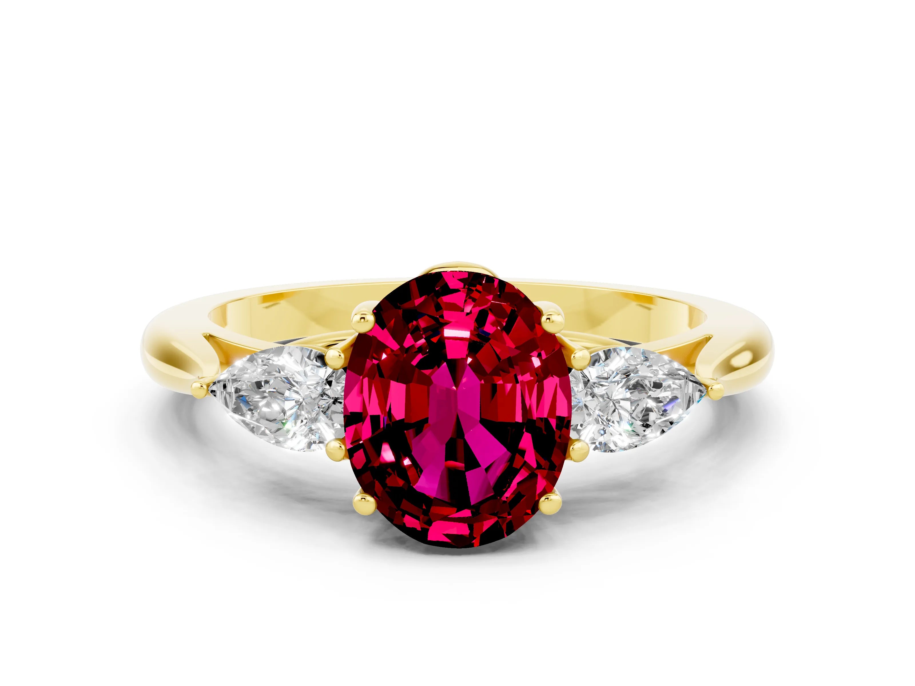 Yellow gold Three-Stone Oval Cut Cut Diamond Ring with Pear Side Stones in Four-Prong Setting