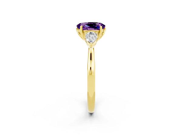 Yellow gold Three-Stone Oval Cut Amethyst Ring with Pear  Side Stones in Four-Prong Setting