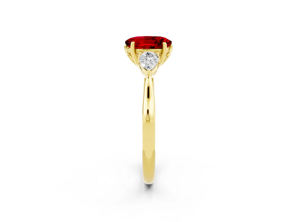 Yellow gold Three-Stone Oval Cut Cut Diamond Ring with Pear Side Stones in Four-Prong Setting
