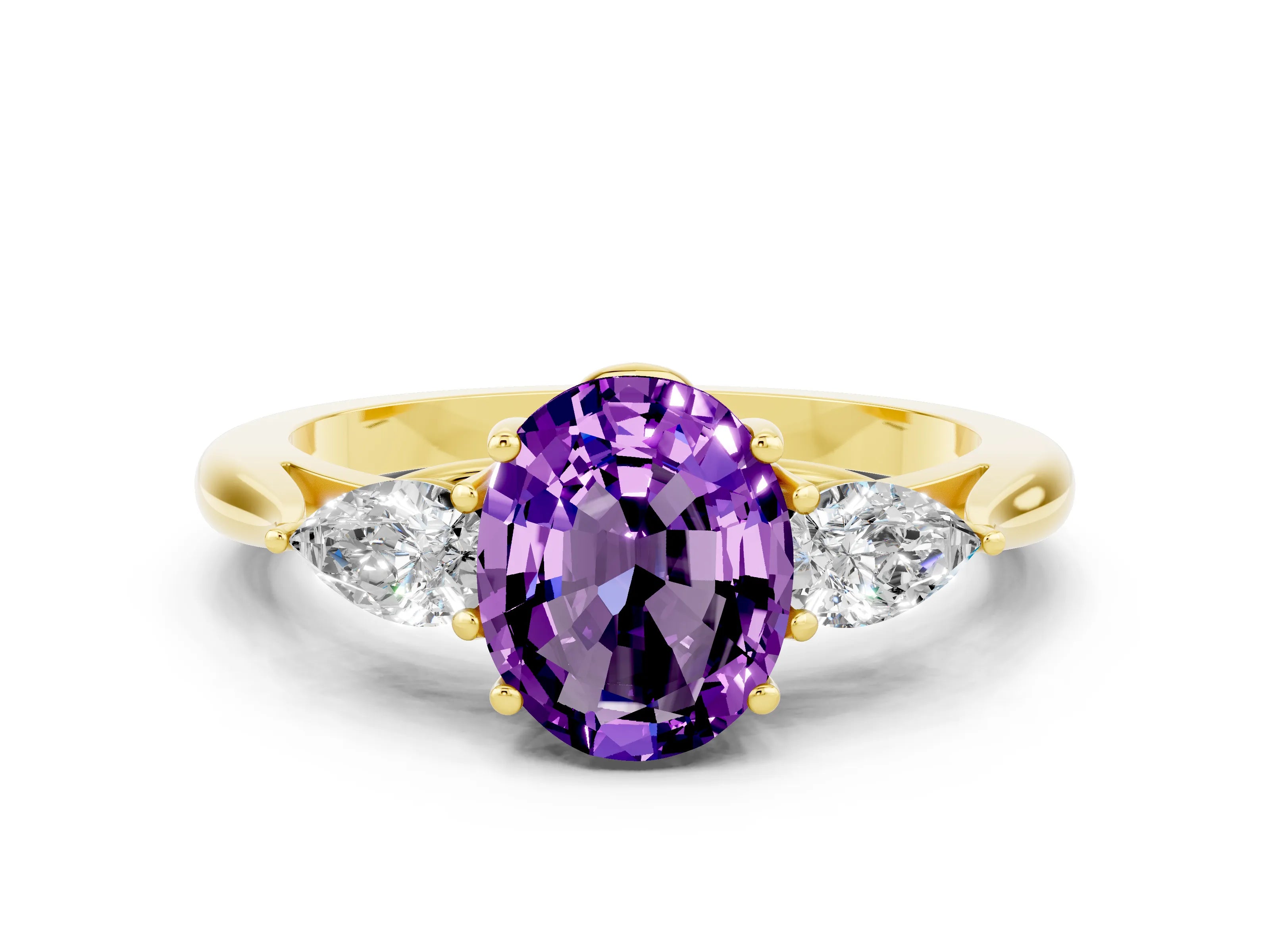 Yellow gold Three-Stone Oval Cut Cut Diamond Ring with Pear Side Stones in Four-Prong Setting