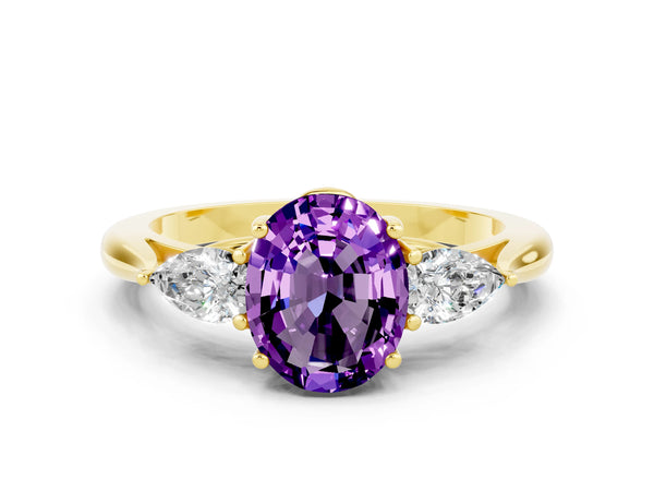 Yellow gold Three-Stone Oval Cut Amethyst Ring with Pear  Side Stones in Four-Prong Setting