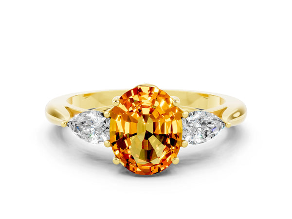 Yellow gold Three-Stone Oval Cut Citrine Ring with Pear  Side Stones in Four-Prong Setting