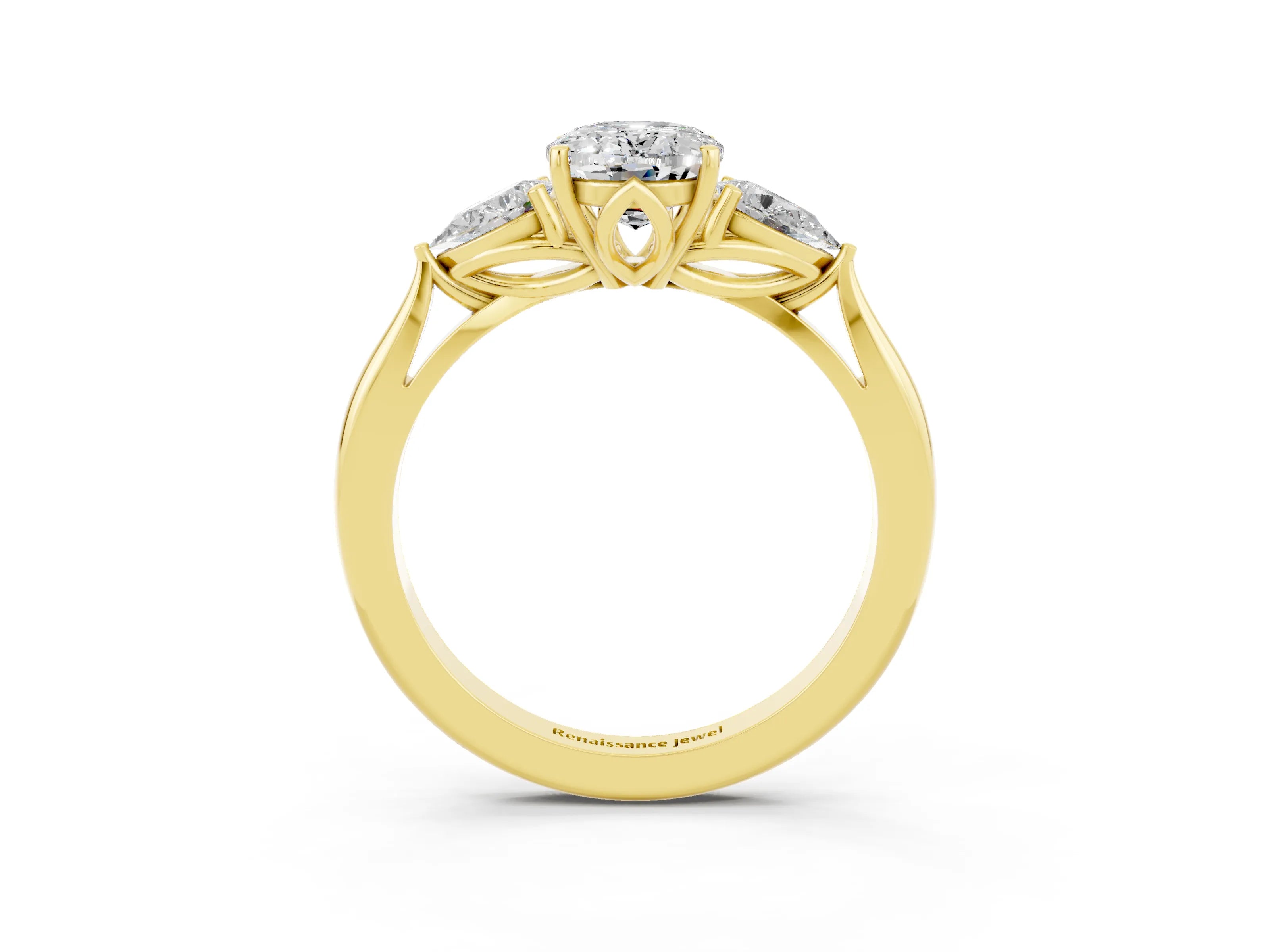 Yellow gold Three-Stone Oval Cut Cut Diamond Ring with Pear Side Stones in Four-Prong Setting_3