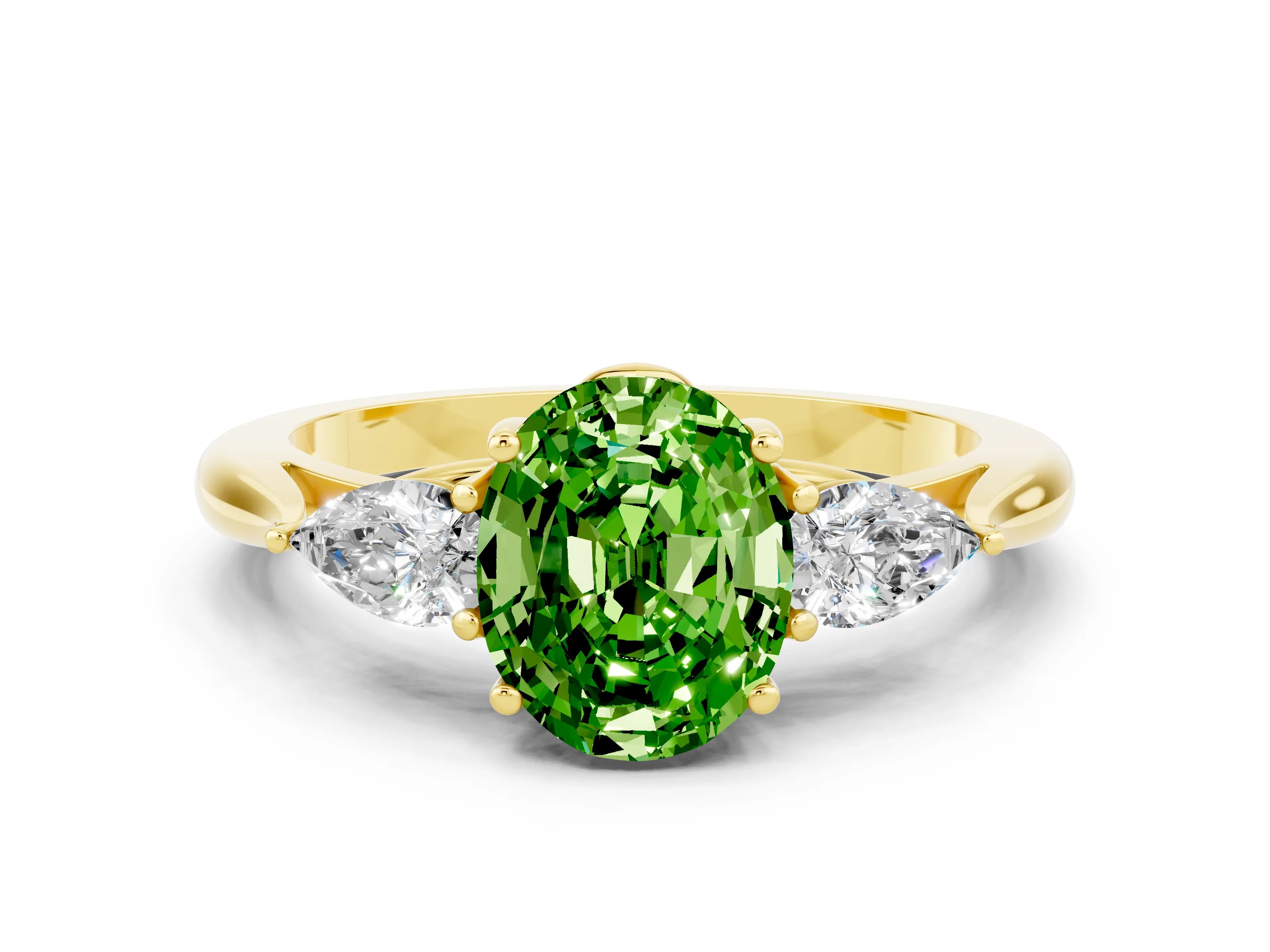 Yellow gold Three-Stone Oval Cut Cut Diamond Ring with Pear Side Stones in Four-Prong Setting