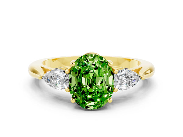 Yellow gold Three-Stone Oval Cut Cut Diamond Ring with Pear Side Stones in Four-Prong Setting