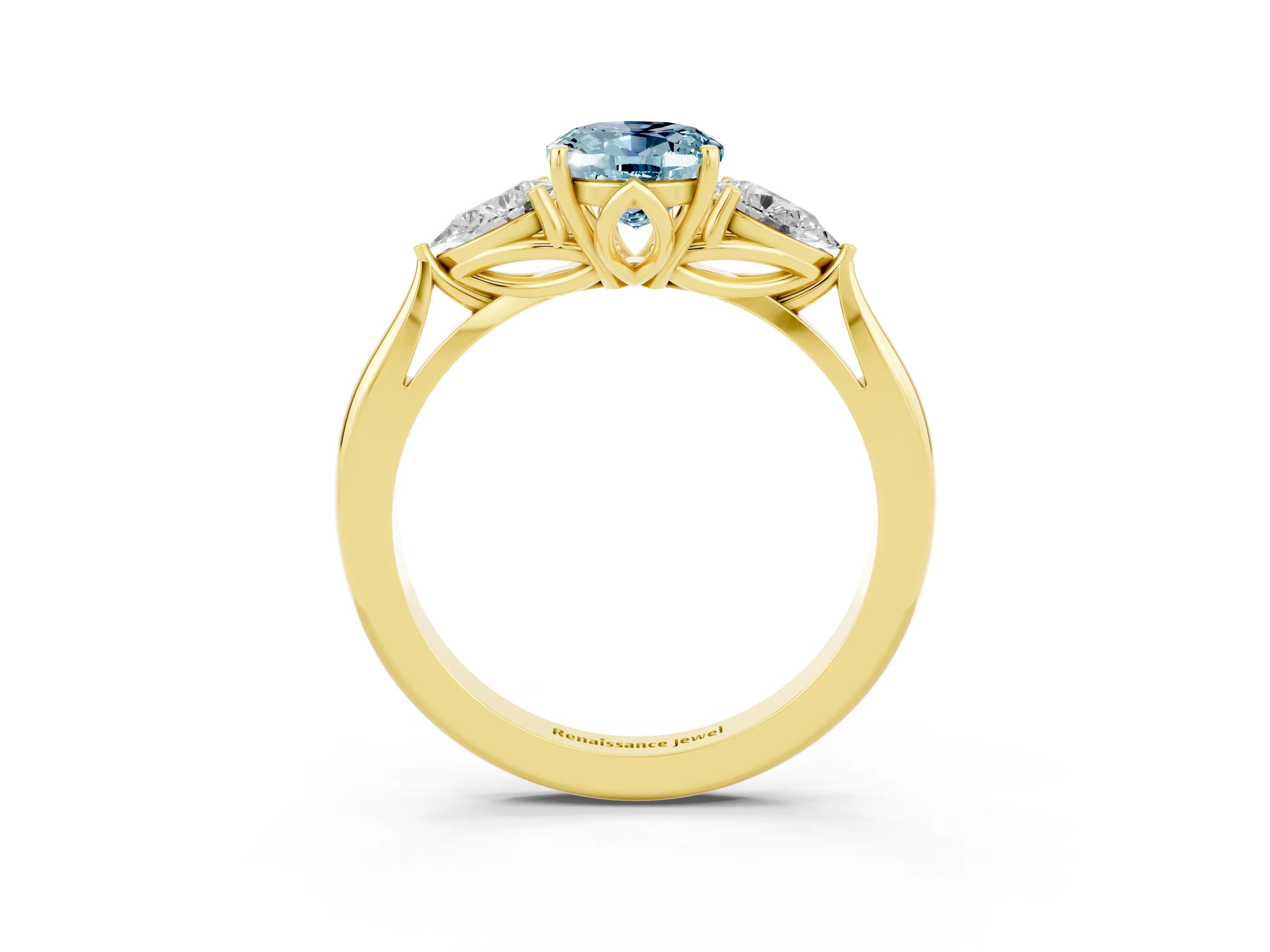 Yellow gold Three-Stone Oval Cut Cut Diamond Ring with Pear Side Stones in Four-Prong Setting_3