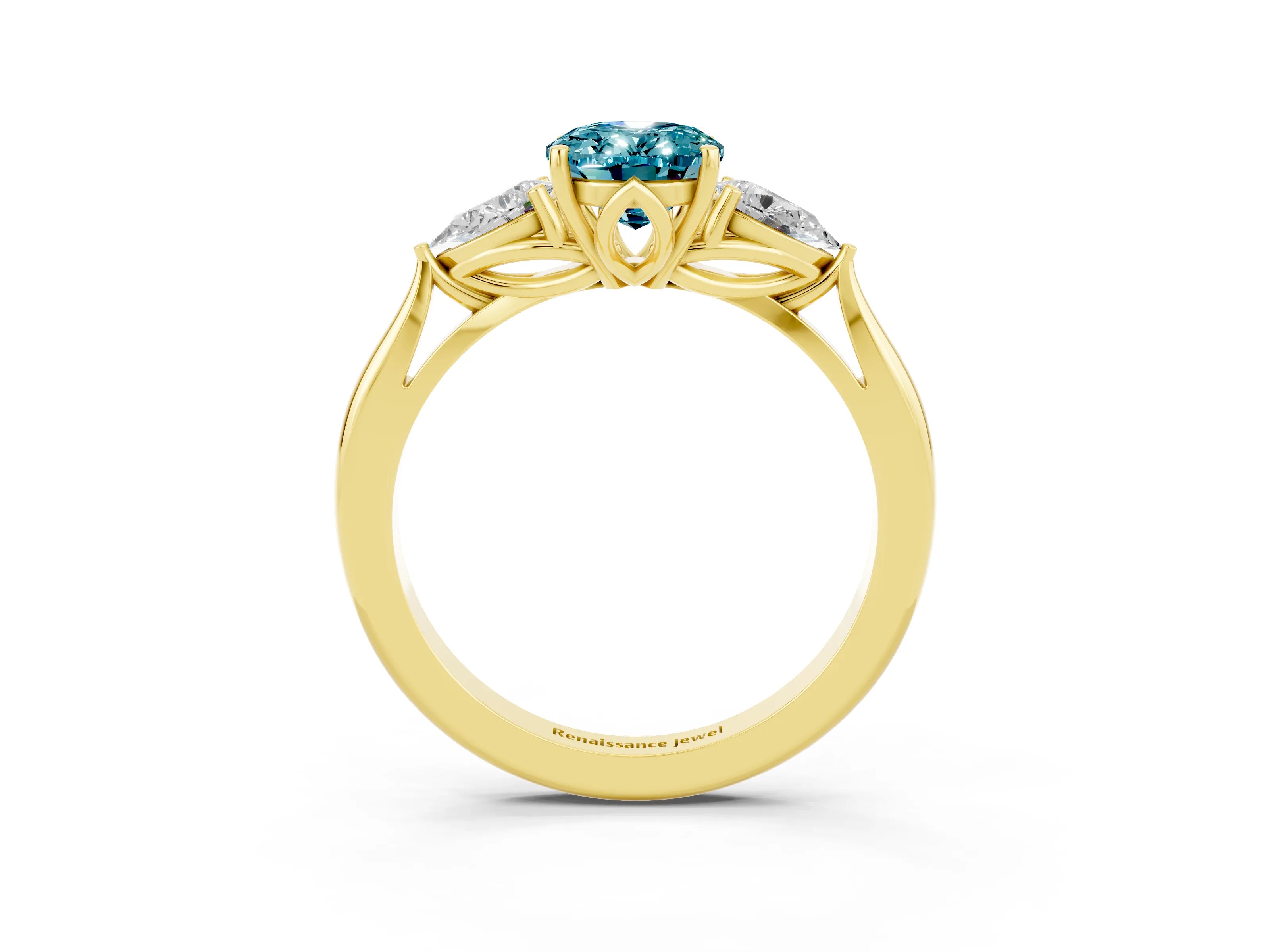 Yellow gold Three-Stone Oval Cut Cut Diamond Ring with Pear Side Stones in Four-Prong Setting_3