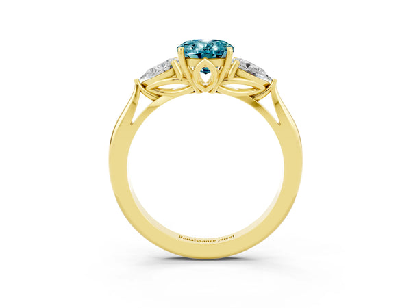 Yellow gold Three-Stone Oval Cut Cut Diamond Ring with Pear Side Stones in Four-Prong Setting