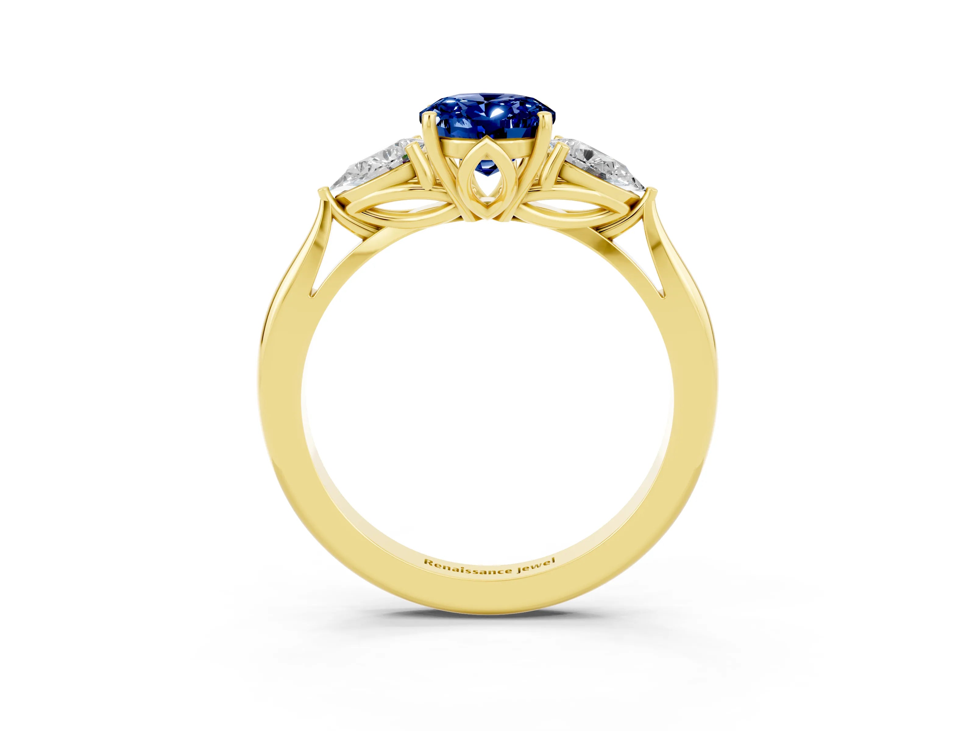 Yellow gold Three-Stone Oval Cut Cut Diamond Ring with Pear Side Stones in Four-Prong Setting_3