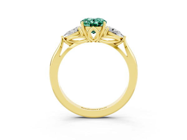 Yellow gold Three-Stone Oval Cut Green Sapphire Ring with Pear  Side Stones in Four-Prong Setting